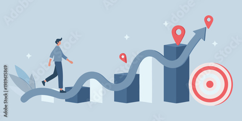 A man walks toward a growing graph symbolizing business success and goals