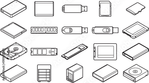 array of modern storage devices for data management, presented in a clean and organized manner.