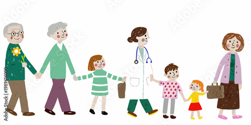 A doctor leads a multi generational family holding hands together