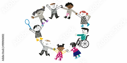 Diverse group of children holding hands in a circle showing inclusivity