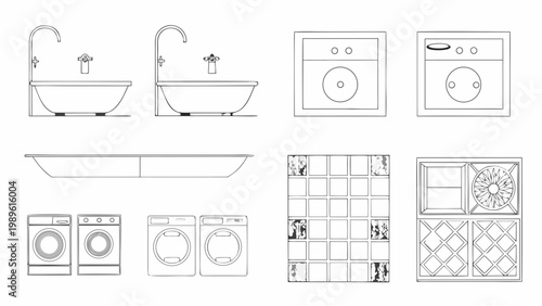 Architectural plan displaying bathroom and laundry room fixtures
