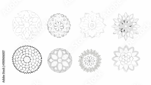 Collection of grayscale circular designs with varying degrees of detail