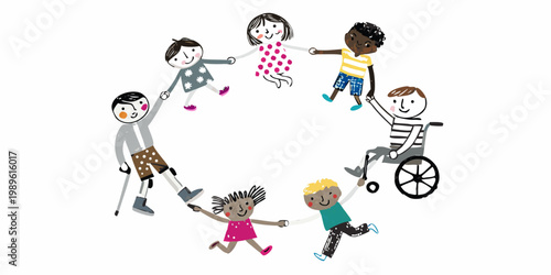Diverse group of children holding hands in a circle promoting inclusivity