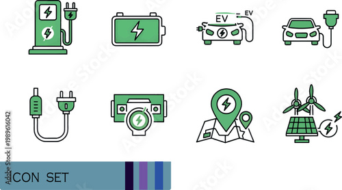 Print Electric Vehicle Charging and Green Energy Infrastructure Icon Set