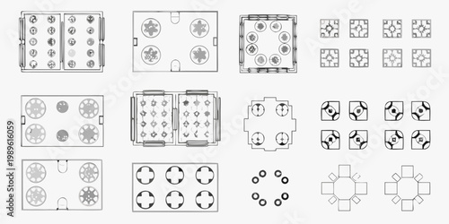 Overhead view of various geometric patterned square and circular tiles