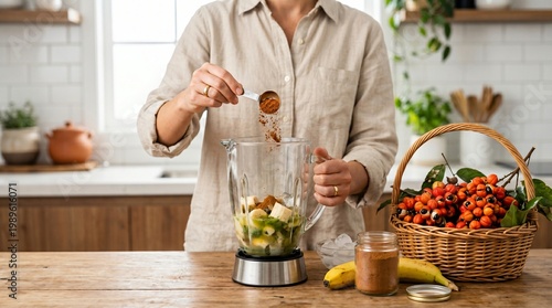 Woman adding guarana powder to blender 