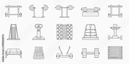 Line art illustration of various gym equipment and fitness machines