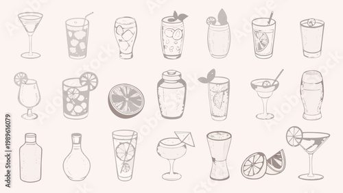 Collection of hand drawn cocktail glasses bottles and citrus fruit slices