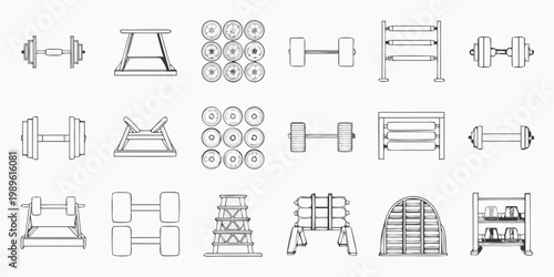 Line art illustration of various gym weightlifting equipment and structures