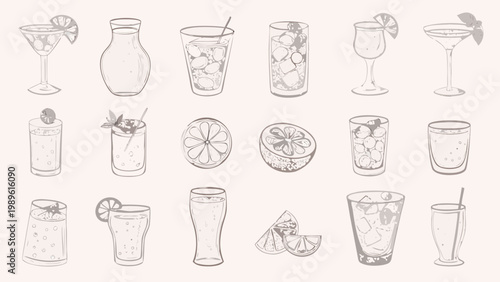 Collection of hand drawn cocktail and beverage glasses with fruit garnishes