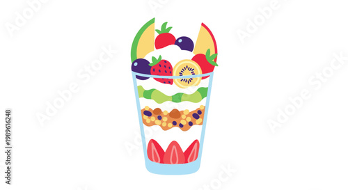 Flat vector illustration of a layered fruit parfait with yogurt, granola, strawberries, kiwi, and blueberries in a glass, isolated on a white background for healthy eating concepts.