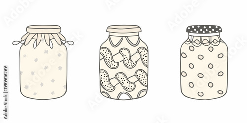 Three decorative jars with unique doodle style patterns are illustrated