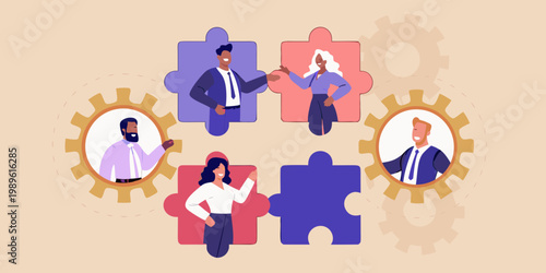 Diverse team connecting as puzzle pieces symbolizing collaboration and synergy