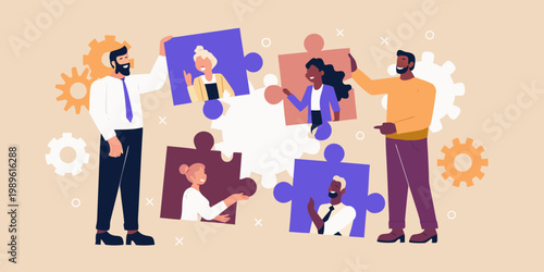 Diverse team collaborating and connecting puzzle pieces for successful problem solving