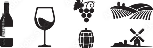 Vineyards and wine country icon set, flat black vector icons