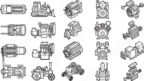 Collection of detailed technical illustrations, showcases various mechanical engines and industrial machinery components with a clean and precise style.