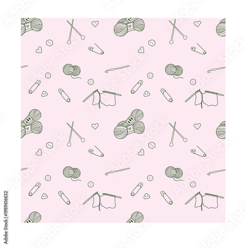Seamless Pattern of Knitting Doodles on Pink Background - Perfect for F