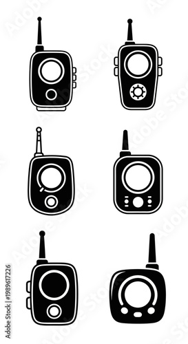 Set of Black and White Icons: Various Walkie-Talkies and Communication Devices