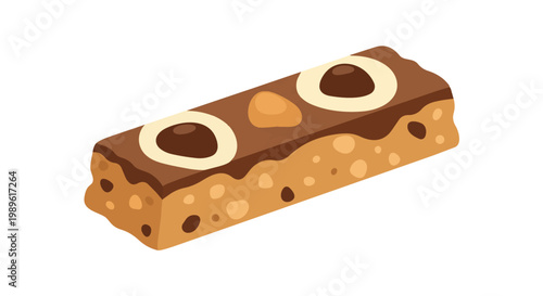 Isometric Illustration of a Chocolate Granola Bar with Cereal Puffs and White Chocolate Toppings, Isolated on White Background