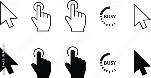 Computer cursors and hand icons representing interaction and system status