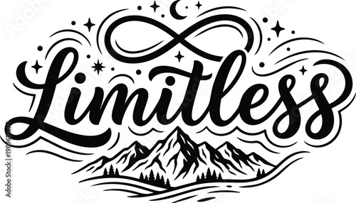 Line art vector illustration of limitless mountains and stars with infinity motif