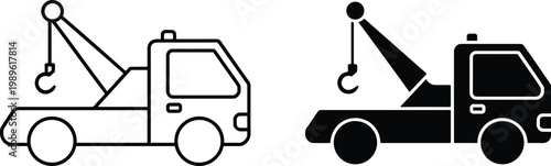 Tow truck icon set with outline and solid silhouette styles, vehicle towing service symbol collection for roadside assistance transport repair and recovery design