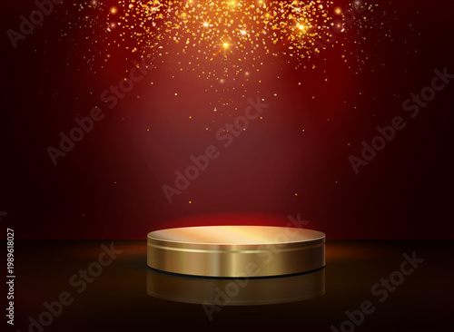 Gold pedestal with light shine on dark purple background. Empty circle base in luxury design for product display, advertising, sale, and show. Vector illustration.