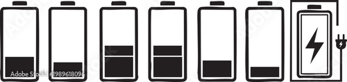Stylized representation of battery levels with charging icon and fork