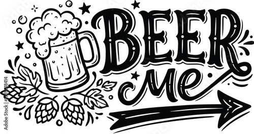 Beer me doodle vector with mug and hops