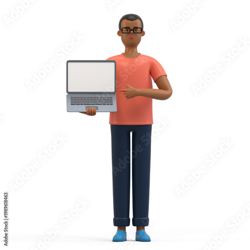A man stands holding a laptop with a blank screen