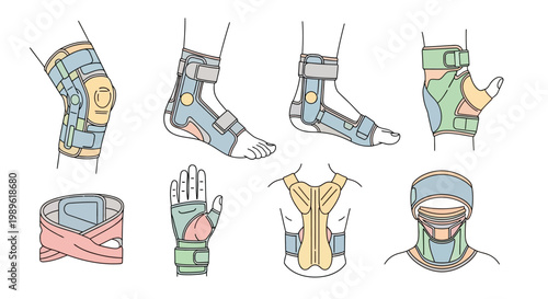 Medical bandages on body parts.