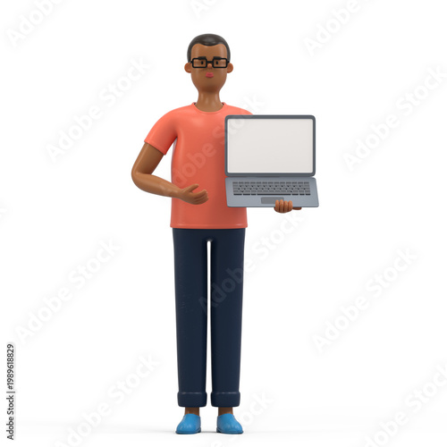 A man stands holding a laptop with a blank screen
