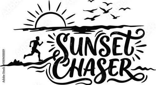 Sunset chaser line art with running figure over seascape and birds at sunset