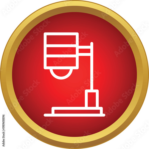 Darkroom enlarger symbol on a red circle with gold border, representing film photography