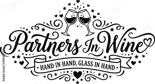 Partners in wine hand in hand clinking glasses decorative flourishes logo vector design