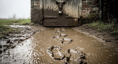 Muddy Footprints Leading to a Locked Wooden Door
