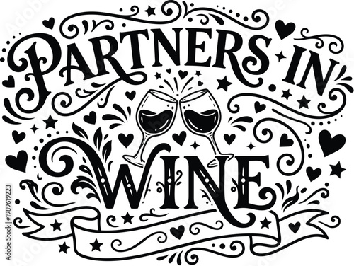 Ornate black and white vector art showing partners in wine with clinking glasses