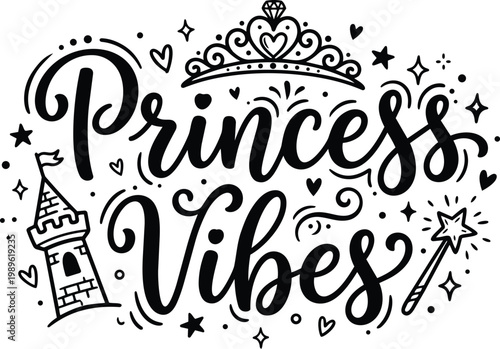 Vector art princess vibes with crown castle wand doodle handdrawn