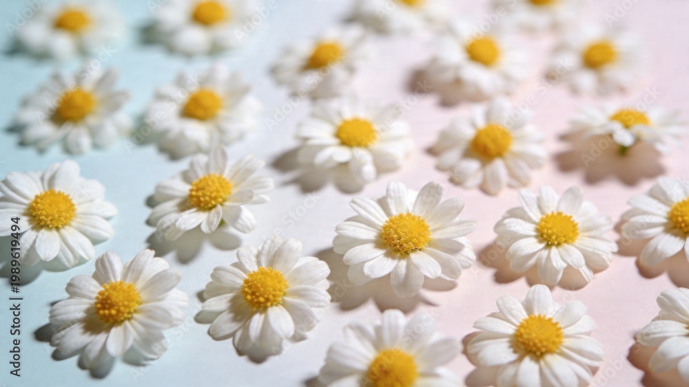 Fototapeta premium Vibrant daisies spread across pastel background with white flowers and yellow centers