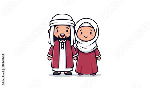Cute muslim couple cartoon characters traditional clothing family vector illustration isolated on white background