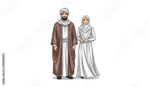 Traditional muslim man and woman full body portrait cultural clothing vector illustration isolated on white background