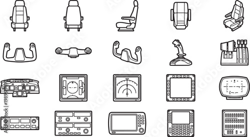 A detailed illustration showcases various aviation elements. including detailed illustration of aircraft seats, control panels, and navigation instruments. 