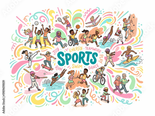 Vibrant illustration of diverse people enjoying various sports.