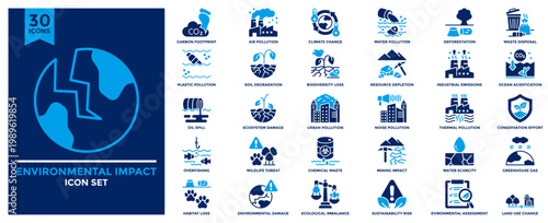 Environmental impact icon collection. Contains icons for air pollution, deforestation, industrial emissions, soil degradation, ocean acidification, habitat loss, wildlife threat and deforestation.