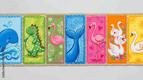Colorful animal icons on fabric panels.