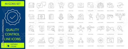 Quality control line icons set, 40 business management vector symbols, professional compliance and standard assurance thin line icons for web design