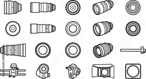 A collection of camera lenses and accessories, showcasing a variety of photographic equipment, perfect for professionals and photography enthusiasts. 