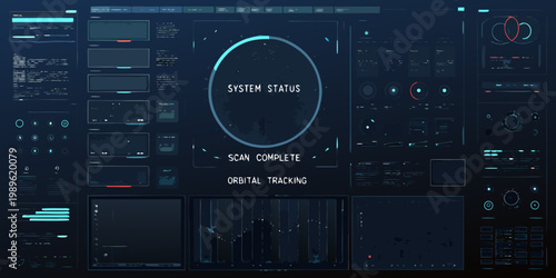 Futuristic user interface displaying system status orbital tracking and scan data