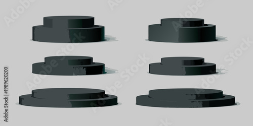 Black cylindrical platforms and pedestals arranged in a grid pattern