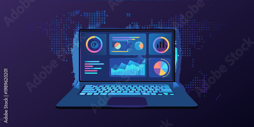 Laptop displaying data analytics dashboards with a digital world map background